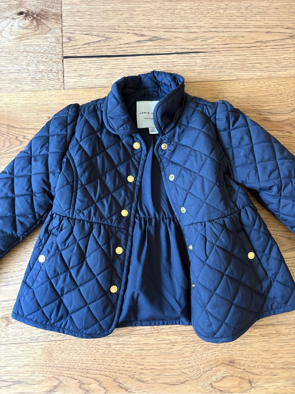 Janie and Jack Quilted Navy Peplum-Style Puffer Jacket with Gold Snaps